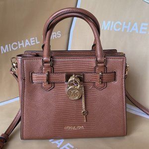 Michael Kors Small Hamilton Pebbled Leather Satchel Crossbody Bag Luggage